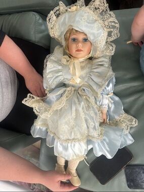 Porcelain Baby Doll in Light Blue Lace Dress with Bonnet